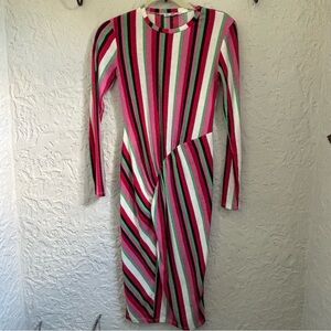 Zara Pink and Green Striped Long Sleeve Dress | Size S